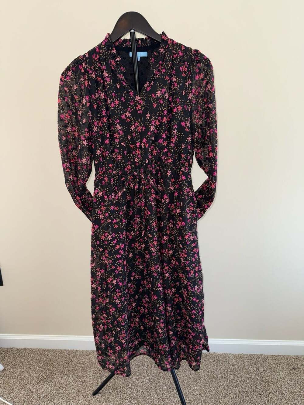 Draper James Black Floral Chiffon Long Sleeve Midi Dress-S